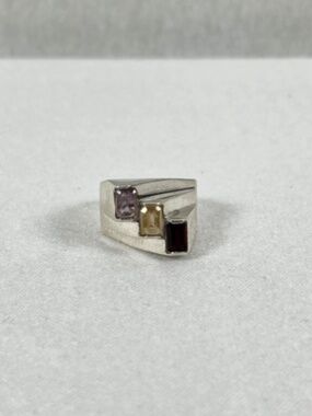 Vintage Art Deco Sterling Silver Multi Gemstone Ring Stacked Abstract Size 5.75